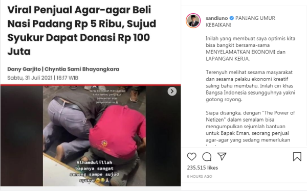 Sandiaga Uno Tersentuh Aksi Netizen Galang Donasi Rp100 Juta Untuk Penjual Agar Agar Di Garut 0245